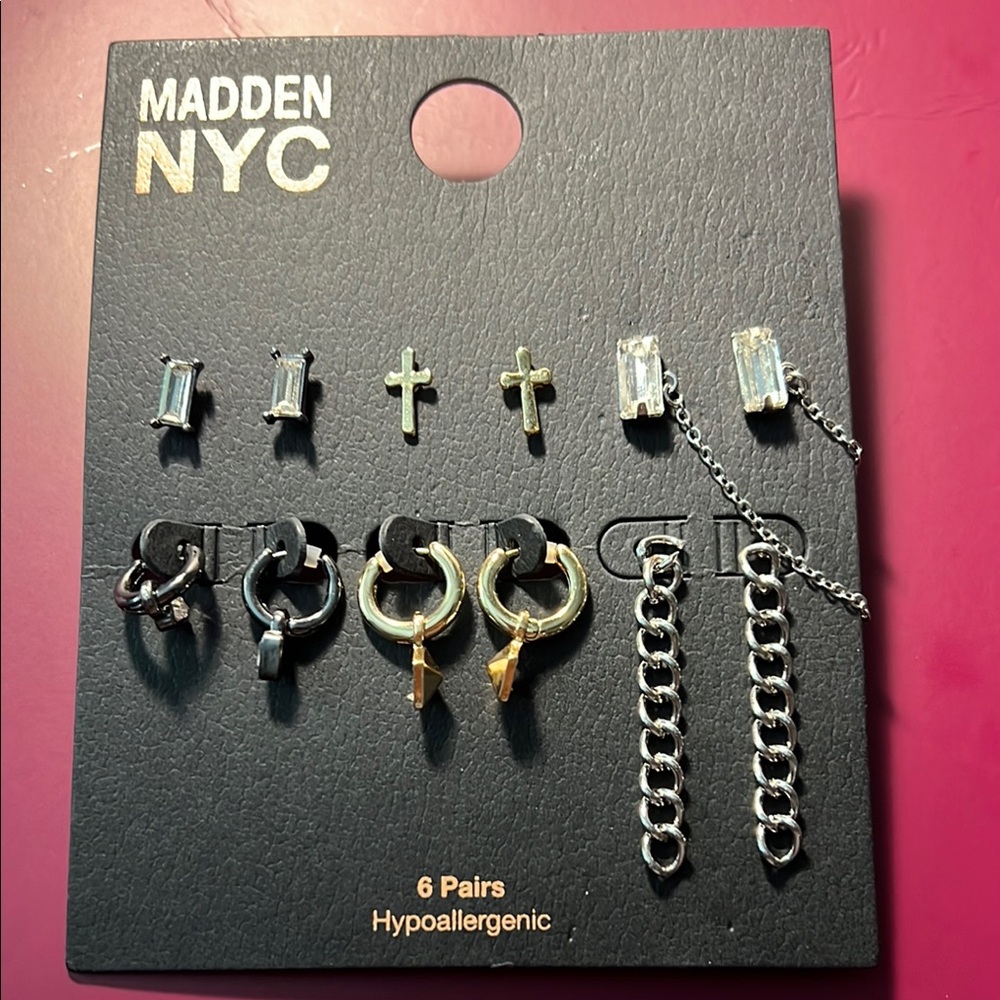 Madden NYC Fashion Polished Tri color Metal Stud and Charms Mixed Earrings Set 6